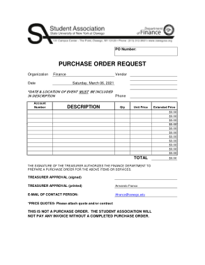 Student Finance Purchase Order Request Form Sample Template