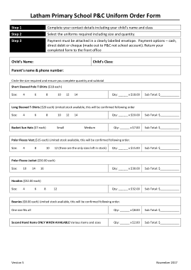 Primary School PnC Uniform Order Form Template