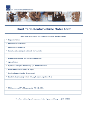 Short Term Rental Vehicle Order Form Template