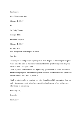 Resignation Letter For Nurses Template