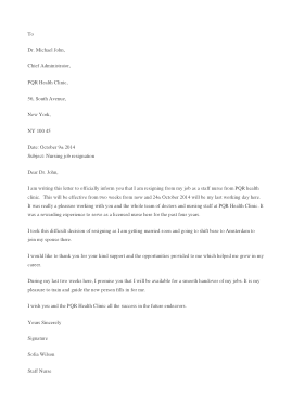 Sample Resignation Letter Nurse Template