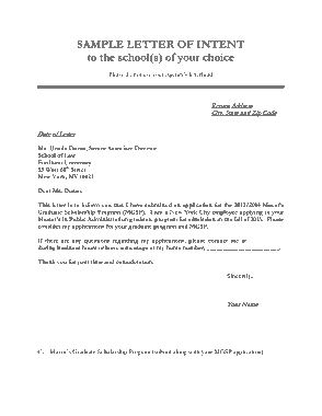 Sample Letter Of Intent For Graduate School Template