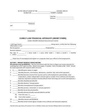 Sample Family Law Financial Affidavit Short Form Template