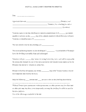 Month to Month Rental Agreement Form Free Template