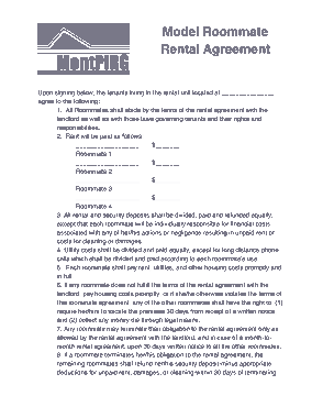 Roommate Rental Agreement Form in PDF Template