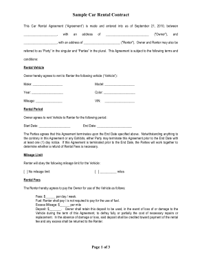 Sample Car Rental Contract Form Template