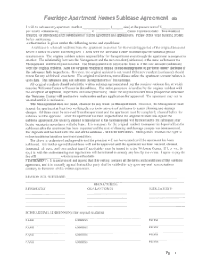 Apartment Homes Sublease Agreement Form Template