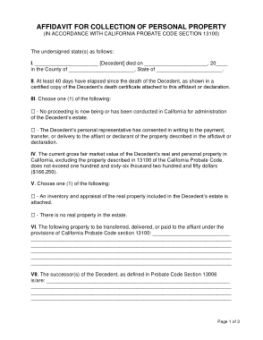 California Small Estate Affidavit For Collection Of Personal Property Form Template