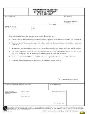 Hawaii Small Estate Affidavit Form Affidavit For Collection Of Personal Property Of The Decedent Form Template