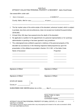 Idaho Small Estate Affidavit Collecting Personal Property Of Decedent Form Cao Pb 01 Form Template