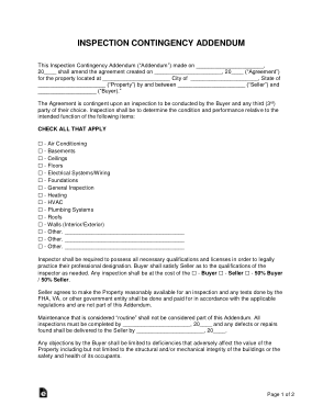Inspection Contingency Addendum To Purchase Agreement Form Template