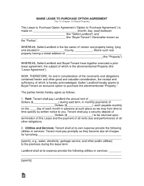 Maine Lease With Option To Purchase Agreement Form Template