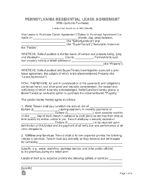 Pennsylvania Lease Agreement With Option To Purchase Form Template