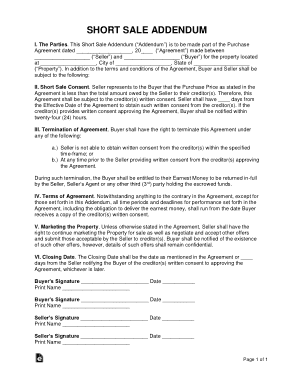 Short Sale Addendum To Purchase Agreement Form Template