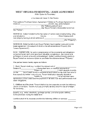West Virginia Lease Agreement With Option To Purchase Form Template