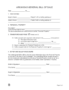 Arkansas General Personal Property Bill of Sale Form Template