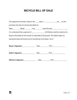 Bicycle Bill of Sale Form Template