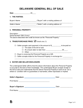 Delaware General Personal Property Bill of Sale Form Template