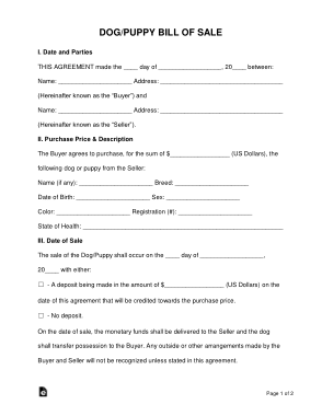 Dog Puppy Bill of Sale Form Template