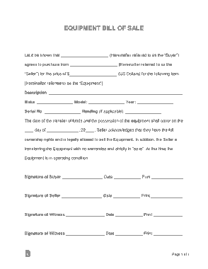 Equipment Bill of Sale Form Template