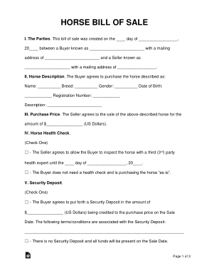 Horse Bill of Sale Form Template