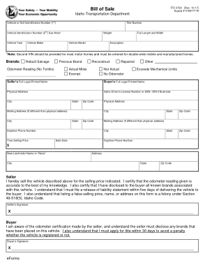 Idaho Motor Vehicle Bill of Sale Form Itd 3738 Form Template