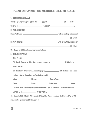 Free Download PDF Books, Kentucky Motor Vehicle Bill of Sale Form Template