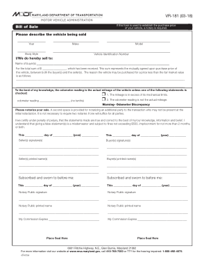 Maryland Dot Vehicle Bill of Sale Form Vr 181 Form Template