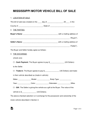 Mississippi Motor Vehicle Bill of Sale Form Template