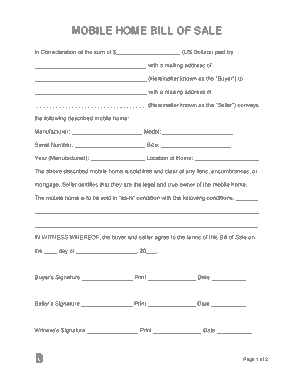 Mobile Home Bill of Sale Form Template