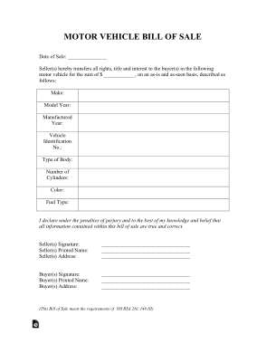 New Hampshire Vehicle Bill of Sale Form Template