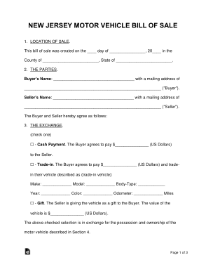 New Jersey Motor Vehicle Bill of Sale Form Template