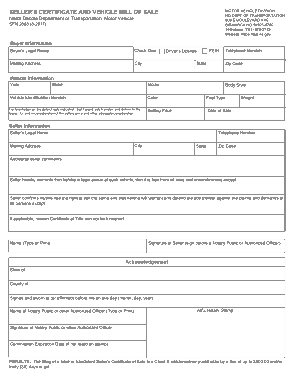 North Dakota Dot Motor Vehicle Bill of Sale Form Sfn 2888 Form Template