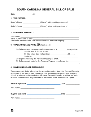 South Carolina General Personal Property Bill of Sale Form Template
