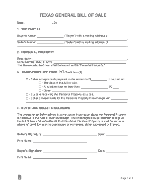 Texas General Personal Property Bill of Sale Form Template
