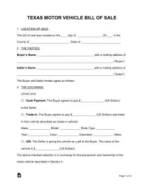 Texas Vehicle Bill of Sale Form Template