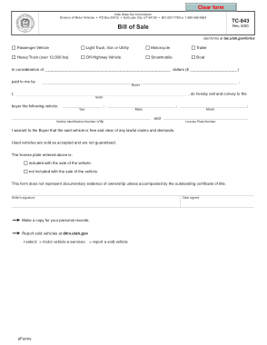 Utah Automobile Motorcycle Bill Of Sale Tc 843 Form Template