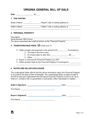 Virginia General Personal Property Bill of Sale Form Template
