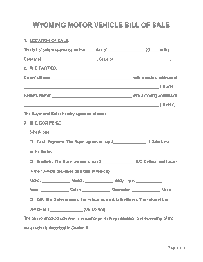 Wyoming Vehicle Bill of Sale Form Template