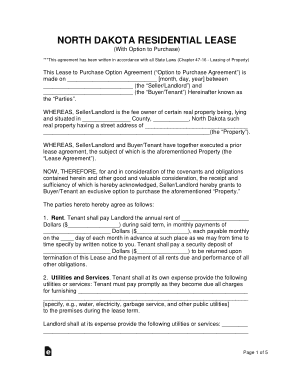 North Dakota Lease With Option To Buy Agreement Form Template
