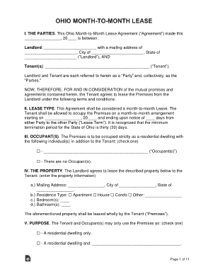 OHIO Month To Month Lease Agreement Form Template