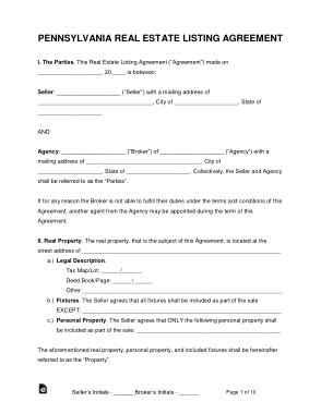 Pennsylvania Real Estate Listing Agreement Form Template