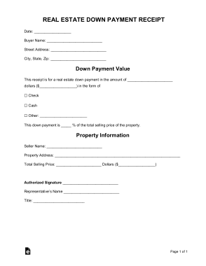 Real Estate Down Payment Receipt Form Template
