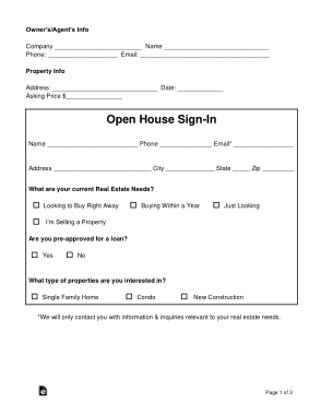 Real Estate Open House Sign Up Sheet Form Template