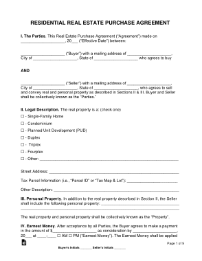 Residential Real Estate Purchase Agreement Form Template