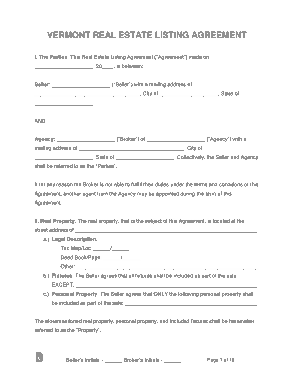 Vermont Real Estate Listing Agreement Form Template