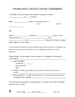 Virginia Real Estate Listing Agreement Form Template