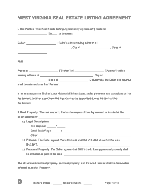 West Virginia Real Estate Listing Agreement Form Template