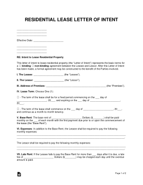 Residential Lease Letter Of Intent Form Template