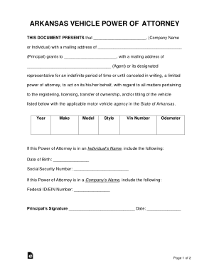 Arkansas Motor Vehicle Power Of Attorney Form Template